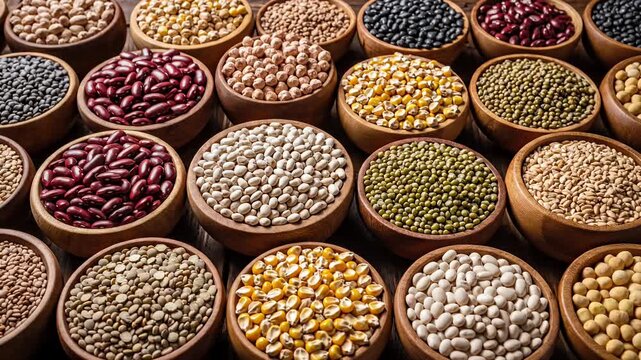 Variety of dried legumes, beans, and grains in wooden bowls