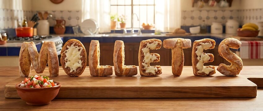 Mexican molletes sandwiches spelled out on a wooden board