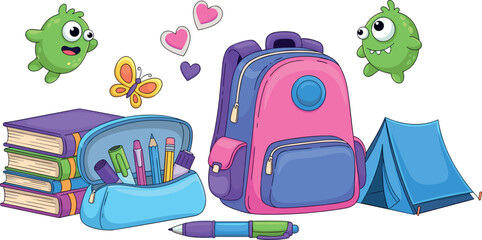 Collection of school and camping supplies including backpack books pencil case and tent with cute characters © MdSoleman