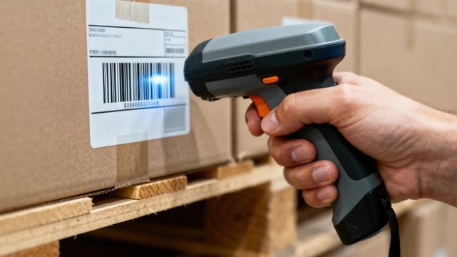 Warehouse worker scanning boxes, using a handheld device, inventory in a logistics center.