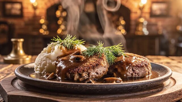 Hot savory meat cutlets with mushroom gravy and mashed potatoes steaming on a wooden plate in a rustic tavern. Traditional pub gastronomy and hearty homemade meal footage concept background.