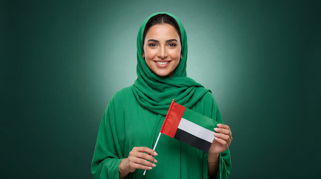 Smiling Emirati woman in green hijab and traditional dress holding the United Arab Emirates flag for UAE National Day celebration on a green background.