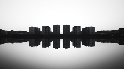 Silhouettes of city buildings reflected in calm water.
