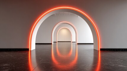 Fototapeta premium Sequential glowing archways create a tunnel effect in a modern interior space