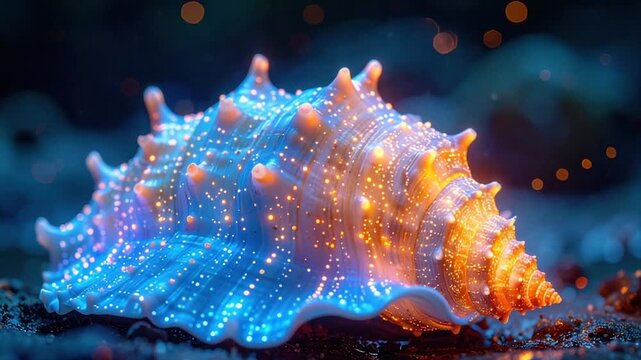 Glowing seashell with blue and orange gradients and tiny dots on a dark ground