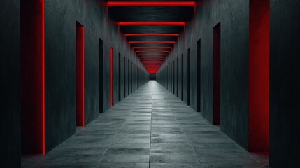 Fototapeta premium Long dark corridor features symmetrical rows of doorways illuminated by dramatic red light