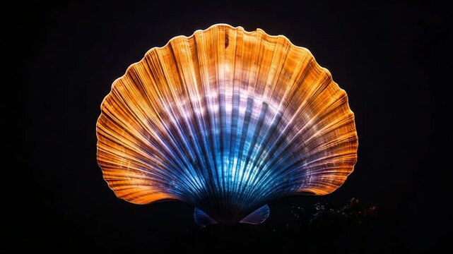 Glowing scallop shell in darkness with vibrant hues of blue, gold, and orange