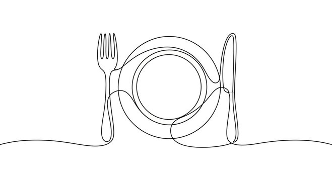 Minimalist single line drawing of a plate with fork and knife, elegant dining setup