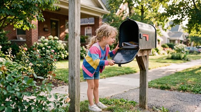 Little girl opening residential mailbox checking for mail