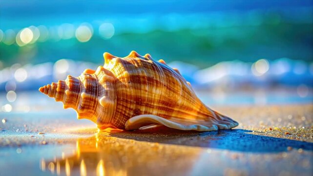 A sunlit seashell rests on wet sand, with bokeh ocean waves in the blurred background