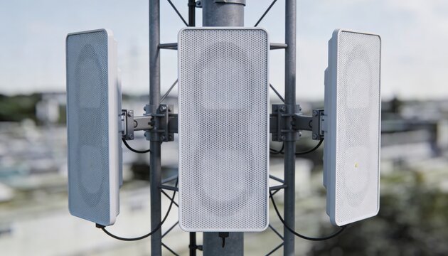 Medium shot of a trisector antenna array with sharp focus on panel antennas blurred background highlights the mounting structure and outdoor environment.