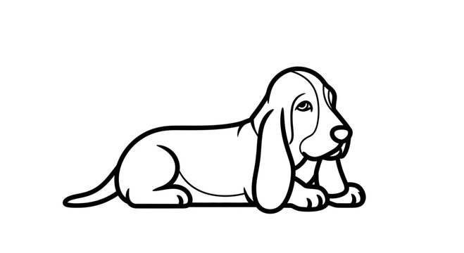 Cute Basset Hound Puppy Lying Down, Black and White Line Art Illustration
