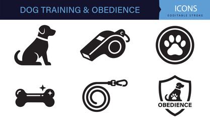 Dog Training and Obedience Icon Set Black and White Pet Care Vector Collection