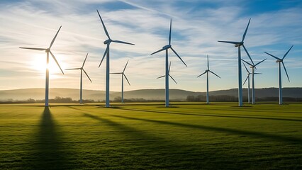 Fototapeta premium Wind turbines in a green field at sunset grass