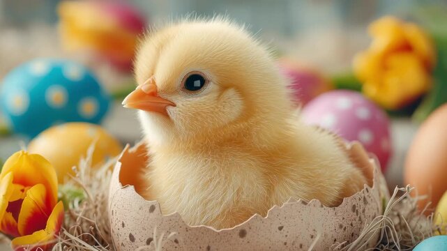 Cute yellow chick sitting in broken eggshell with colorful easter eggs and spring tulip in soft light. High quality 4k footage