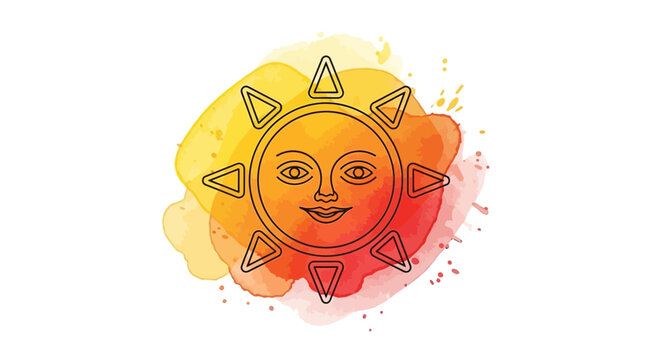Whimsical Sun Face with Watercolor Splash Background