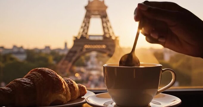 Hand stirring coffee with croissant and Eiffel Tower in Paris morning