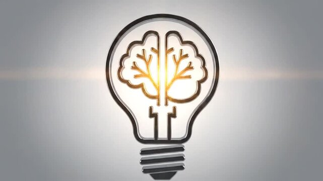 Metallic light bulb with brain tree icon on gray background