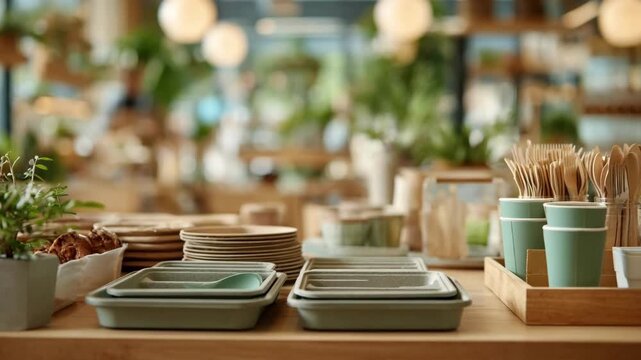 Medium shot of a hand picking up a biodegradable spoon from a tray filled with ecofriendly utensils in a modern cafeteria.