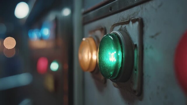 Medium shot showing a buttonbased feedback panel with glowing colored buttons capturing users providing instant reaction in a bustling service area.