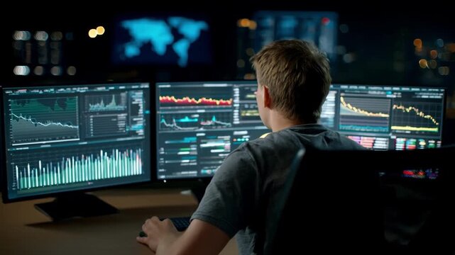 Medium shot of an IT specialist monitoring a firewall dashboard analyzing realtime traffic to block unauthorized access and protect network integrity.