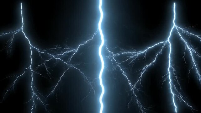 Lightning bolt strike with electric spark flash over black background sky