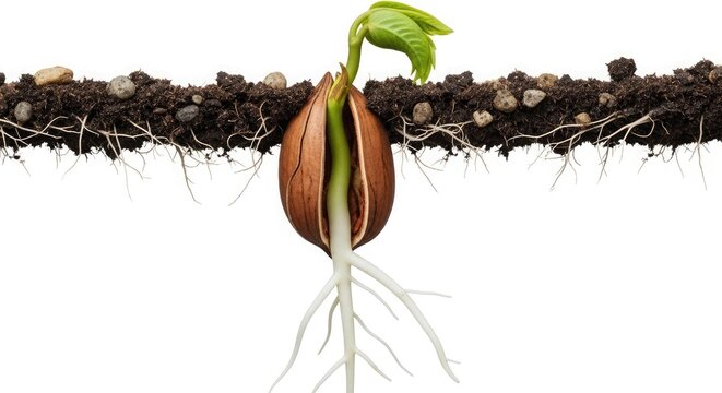 Seedling growth, sprouting seed with roots and stem emerging from soil, illustrating the early stages of plant development and natural life cycles