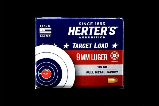Herter's branded box of 9mm bullet cartridges