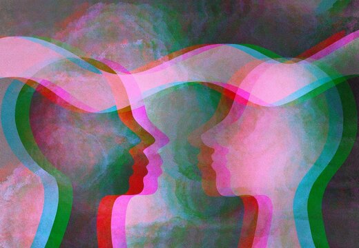 Illustrazione comunicazione telepatia. Parlare con pensiero. Empatia