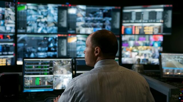 Medium shot of a technician monitoring multiple surveillance camera feeds inside a control room for a government complex security audit