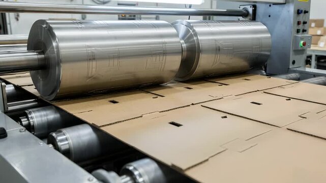 Medium shot showcasing a rotary die cutting process using dual cylindrical dies for simultaneous cutting of multiple box blanks from sheets optimizing manufacturing efficiency.