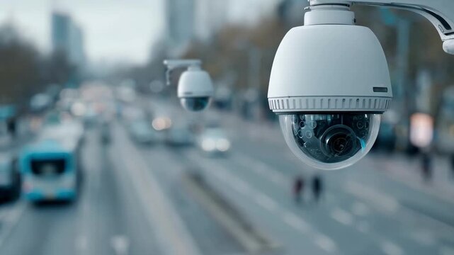 Focused medium shot of AIpowered cameras adjusting angles autonomously showcasing adaptive monitoring technology in a modern urban environment.