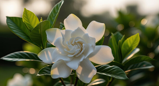White gardenia flower surrounded by green leaves with blurred background.