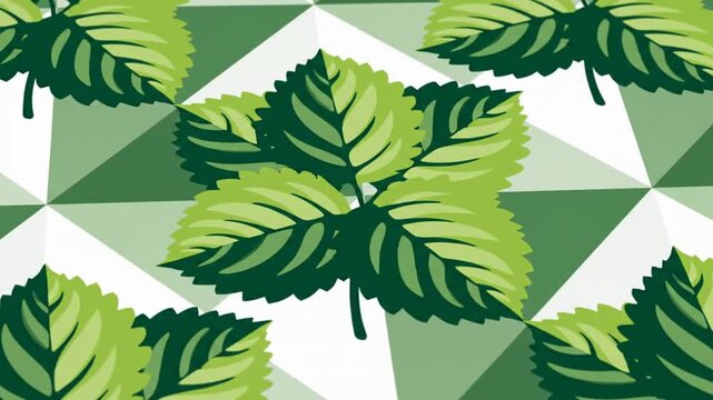 Repeating green leaf pattern with geometric shapes background