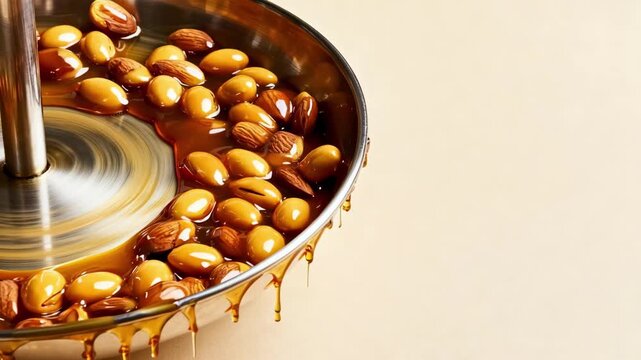 Medium shot of a rotating pan filled with candy dragees forming hard sugar shells over smooth nut centers showcasing the glossy coating process.