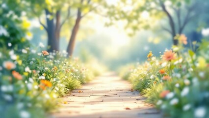 Sunlit garden pathway with colorful wildflowers and soft green trees.