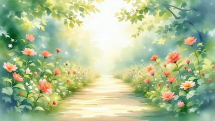 Dreamy watercolor garden path with blooming flowers and glowing sunlight.