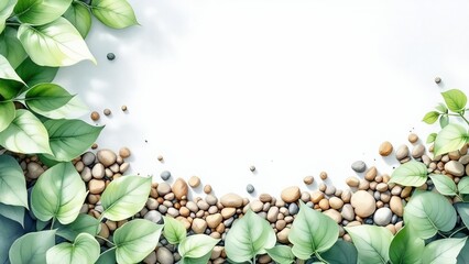 Natural leaf and pebble border with green foliage on white background.