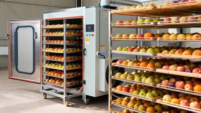 Medium shot of rack trolley heat pump dryer with fruit trays showcasing gentle drying process using enclosed latent heat recycling system for energy efficiency.
