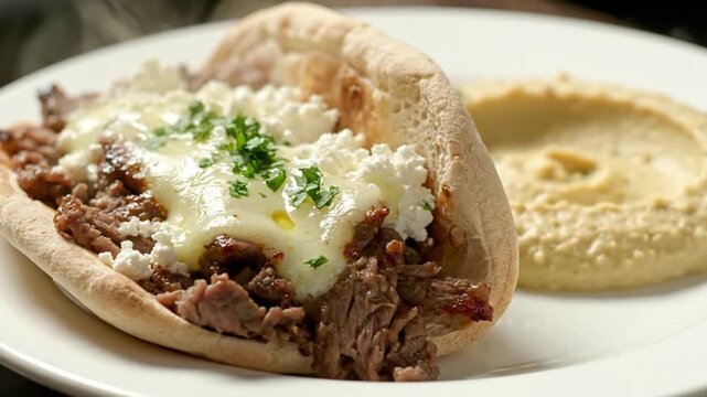 Delicious pulled beef sandwich with melted cheese and herbs served with hummus on a white plate close-up