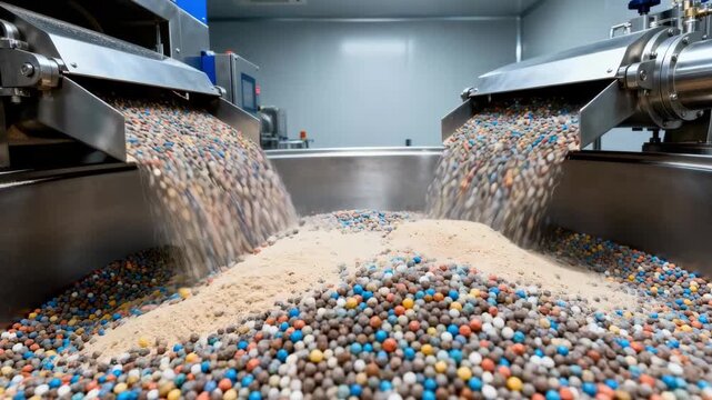 Medium frame of a modern granulation chamber with mixed powder particles agglomerating into freeflowing granules under precise industrial conditions.