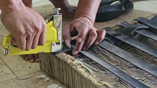 Close up of craftsman hands repairing wooden chair seat with rubber webbing using yellow staple gun and hammer