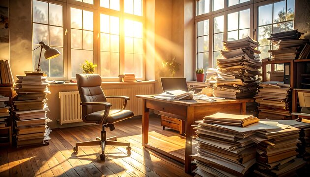 Office room overflowing with paperwork representing administrative burden stress and organizational overload