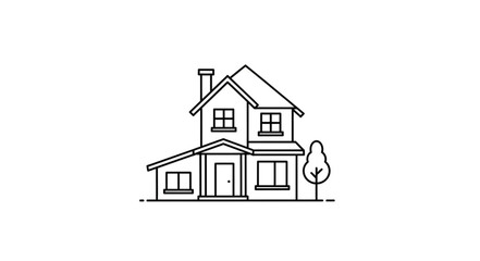Simple Line Drawing of a Two Story House with Chimney and Tree.