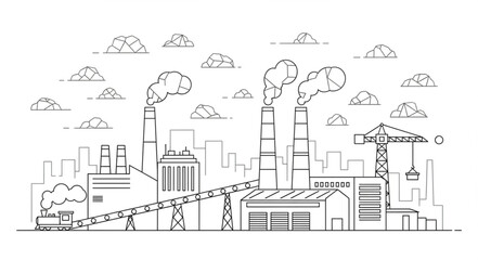 Fototapeta premium Industrial Factory with Smoke Stacks and Conveyor Belt.