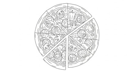 Naklejka premium Whole Pepperoni Pizza Sliced into Six Pieces Outline Drawing.