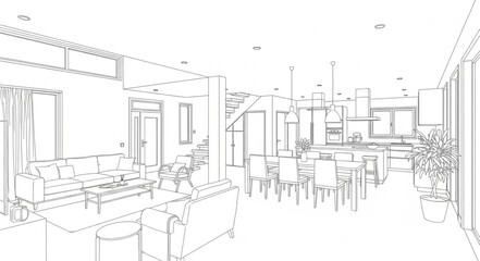Fototapeta premium Modern interior design sketch of a spacious living room and dining area.