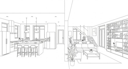 Fototapeta premium Modern kitchen and living room interior design sketch.