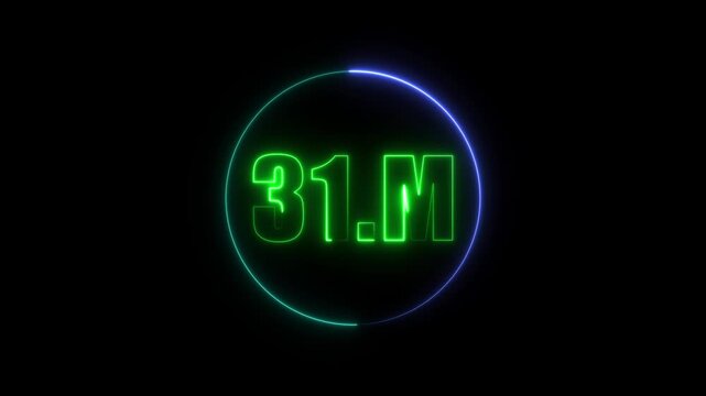 Green blue Sine Neon 31.M Text Logo Animation with Glowing Circle on Black Background