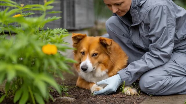 Closeup medium shot of a pet owner treating a dogs outdoor resting area with ecofriendly tick control solutions for safe pest management.